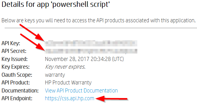 HP API Credentials and Endpoint